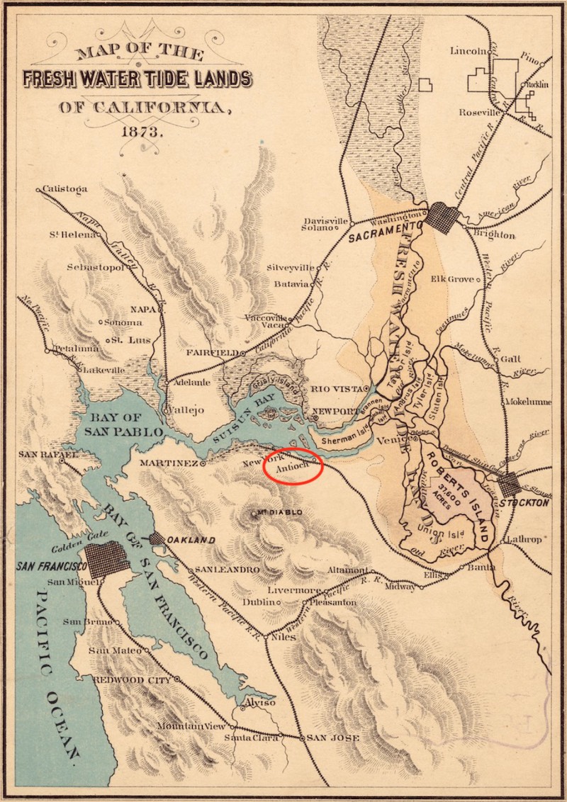 Map of the Fresh Water Tide Lands of California from 1873 with Antioch circled.